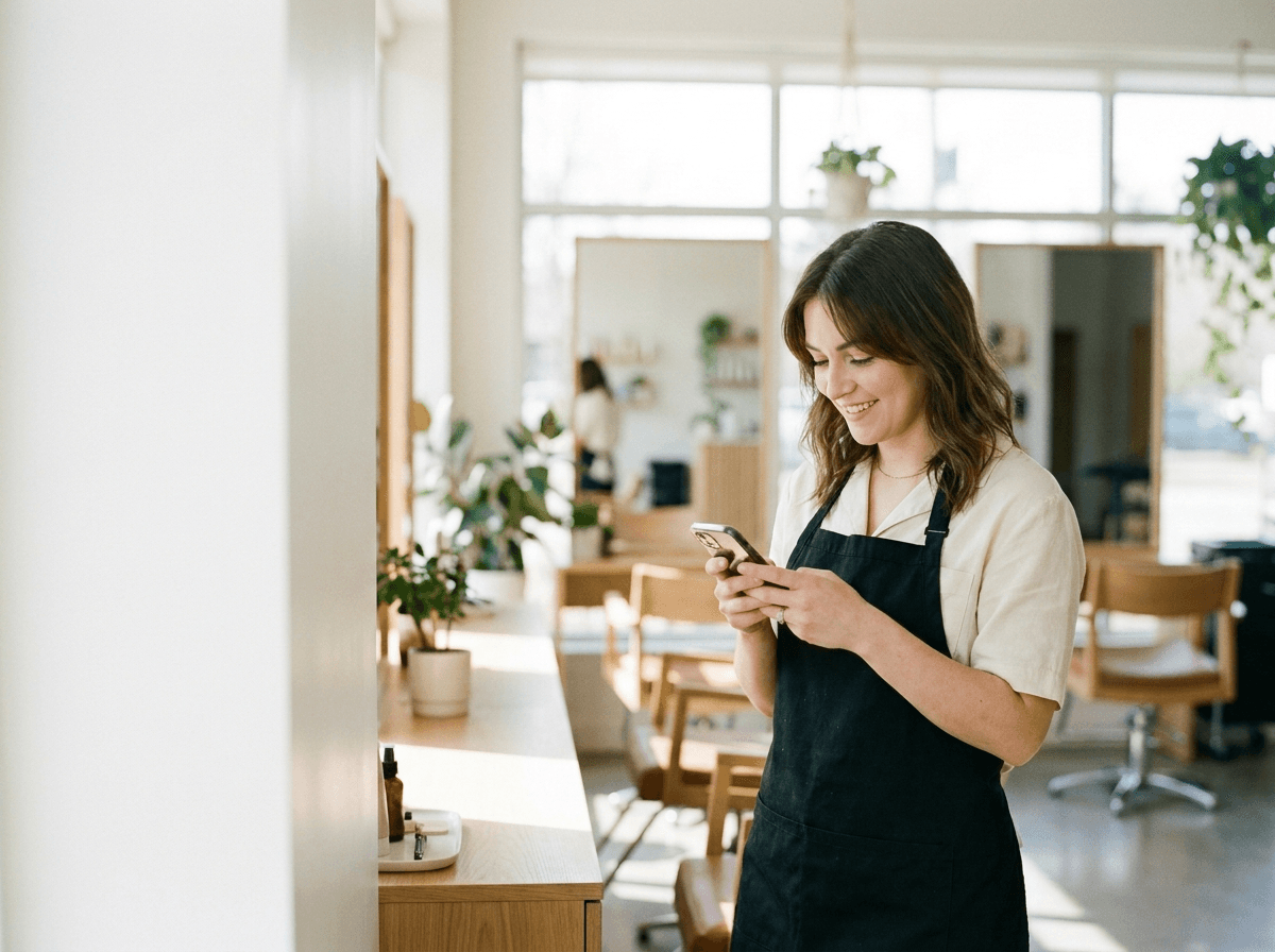 Hair stylist reviewing a new booking on her phone