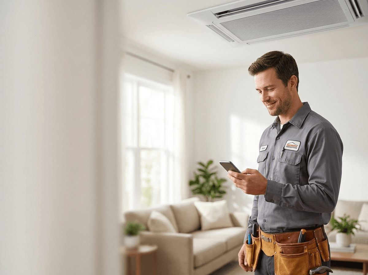 HVAC technician reviewing a booked repair on his phone